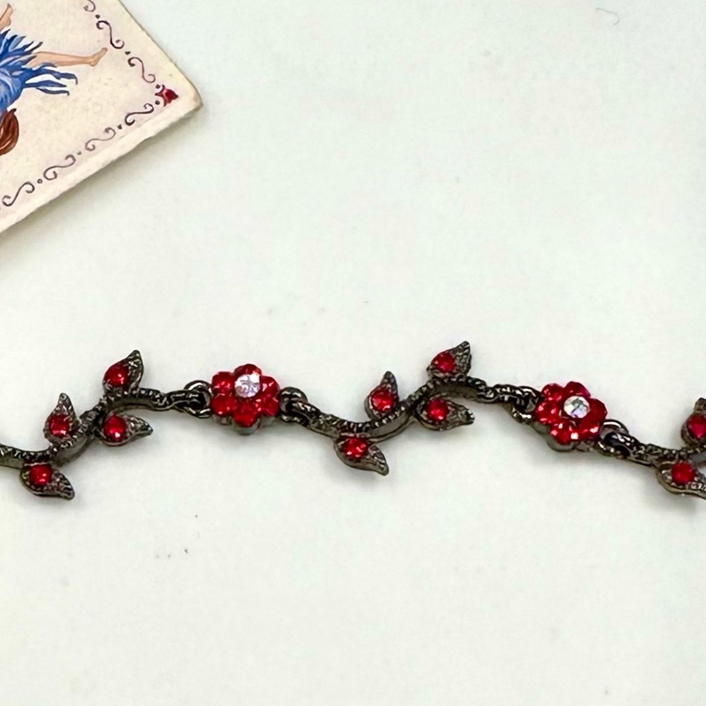NWT Red Crystal Flower/Vine/Leaf Link Bracelet, Antiqued Silver-toned Metal